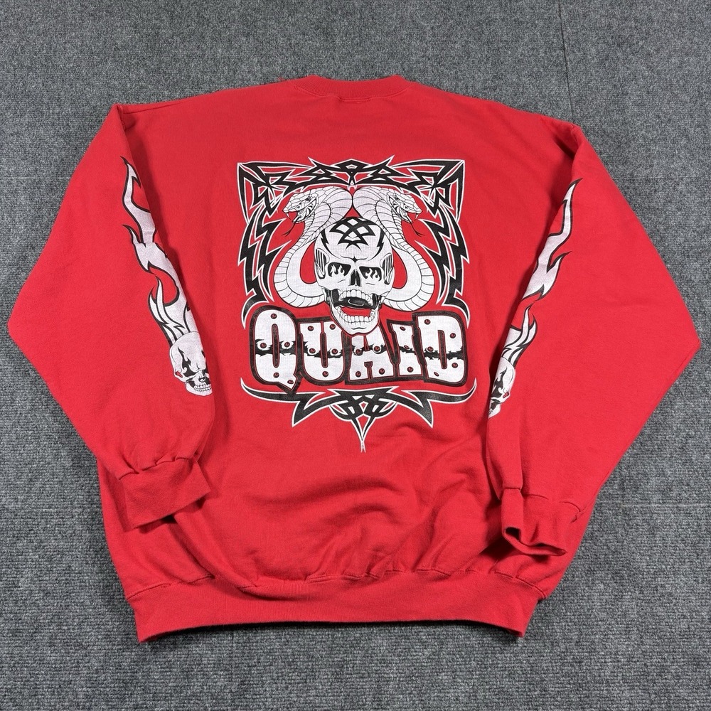 Vintage Y2K Quaid‎ Motorcycle Crewneck Sweater 2XL Red Biker Skull Flames Cobra
